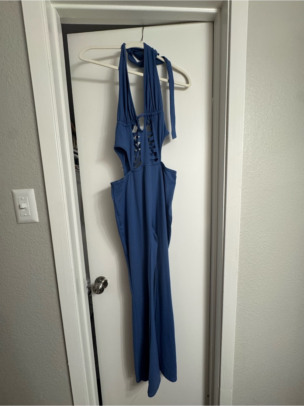 Blue Halter Jumpsuit with Lace-Up Back